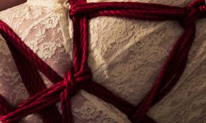 Shibari und fesseln, rotes Seil auf weißem Kleid